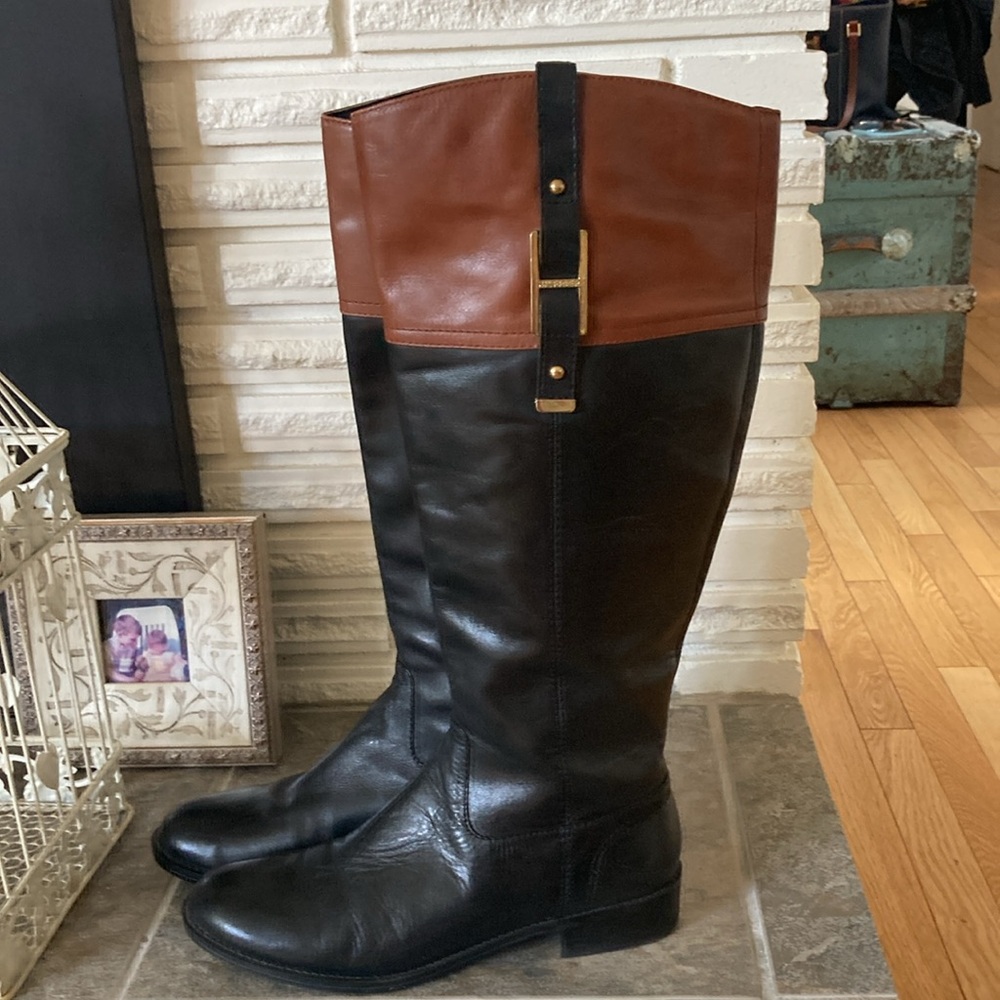 Classic Tommy Hilfiger Two Tone Riding Boots Leather Cognac & Black Size 8M